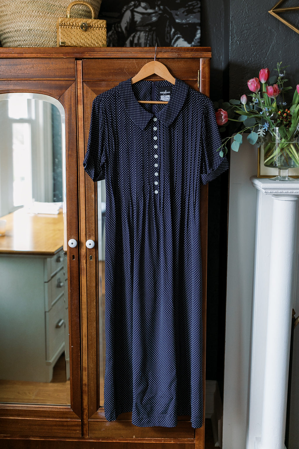 Vintage Navy Polka Dot Midi Dress