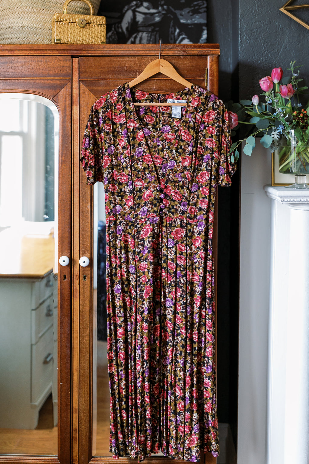 Vintage 100% Rayon Layered Floral Midi Dress