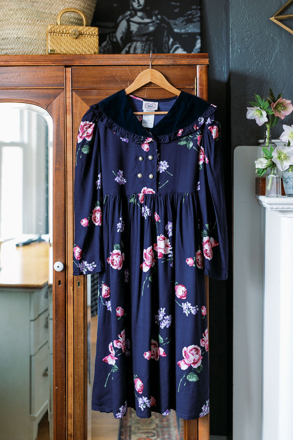 90s Velvet Collar Floral Midi Dress