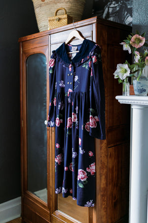 90s Velvet Collar Floral Midi Dress