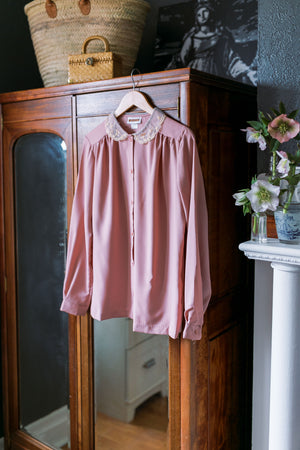 Dusty Rose Vintage Lace Collared Blouse