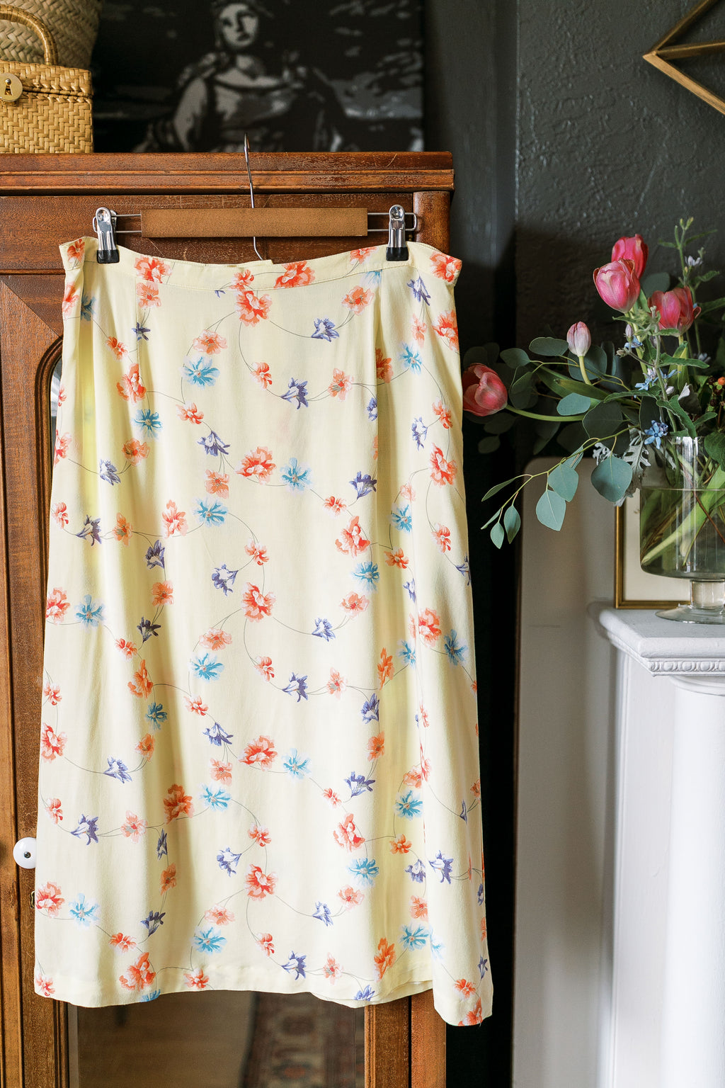 90s Yellow Floral Midi Skirt