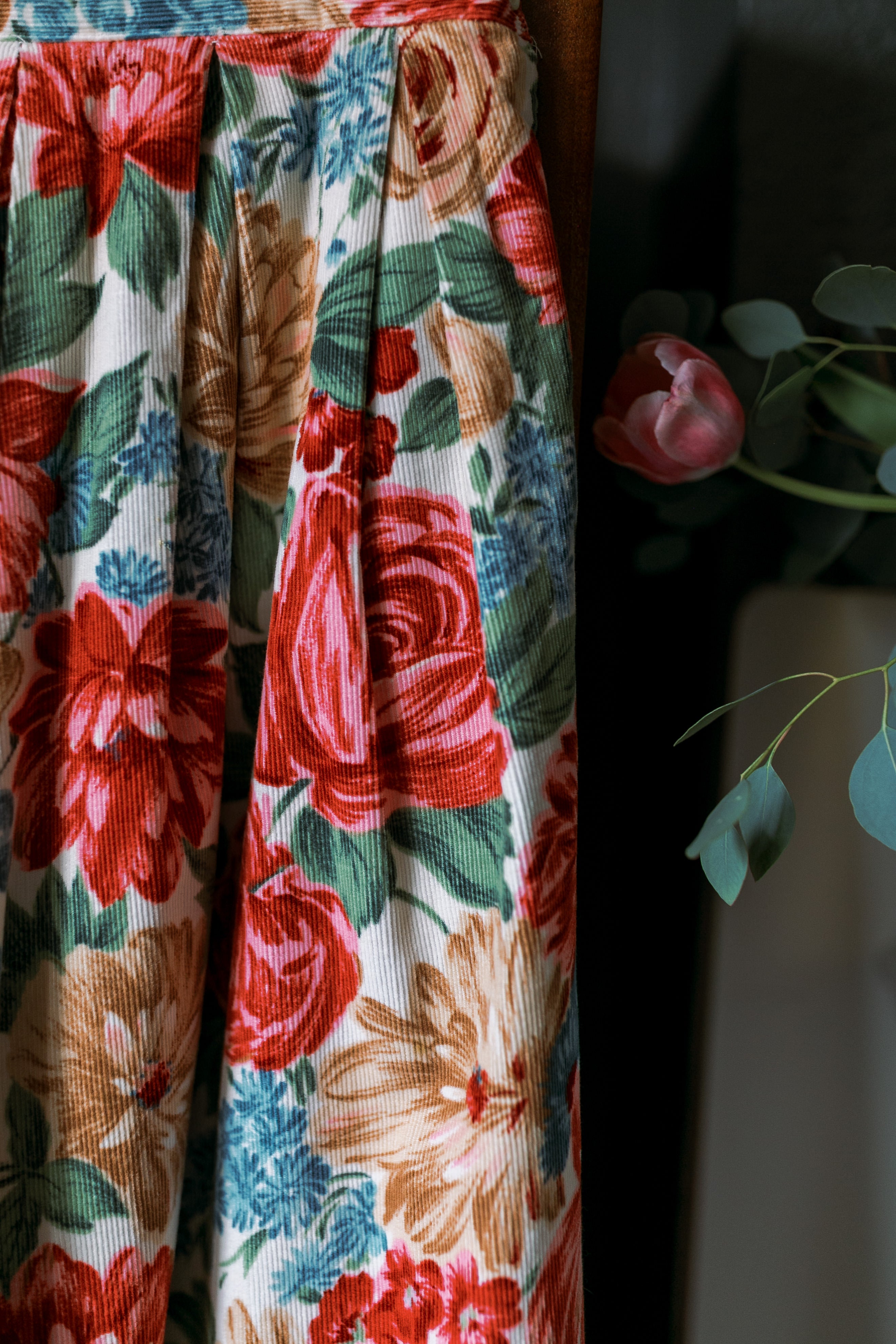 80s Floral Corduroy Midi Skirt