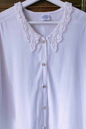 Vintage White Tunic-Style Gold & Pearl Button Down