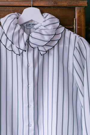 Vintage Offwhite & Black Stripe Ruffle Collar Blouse