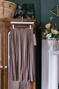 80s Soft Brown Pleated A-Line Midi Skirt