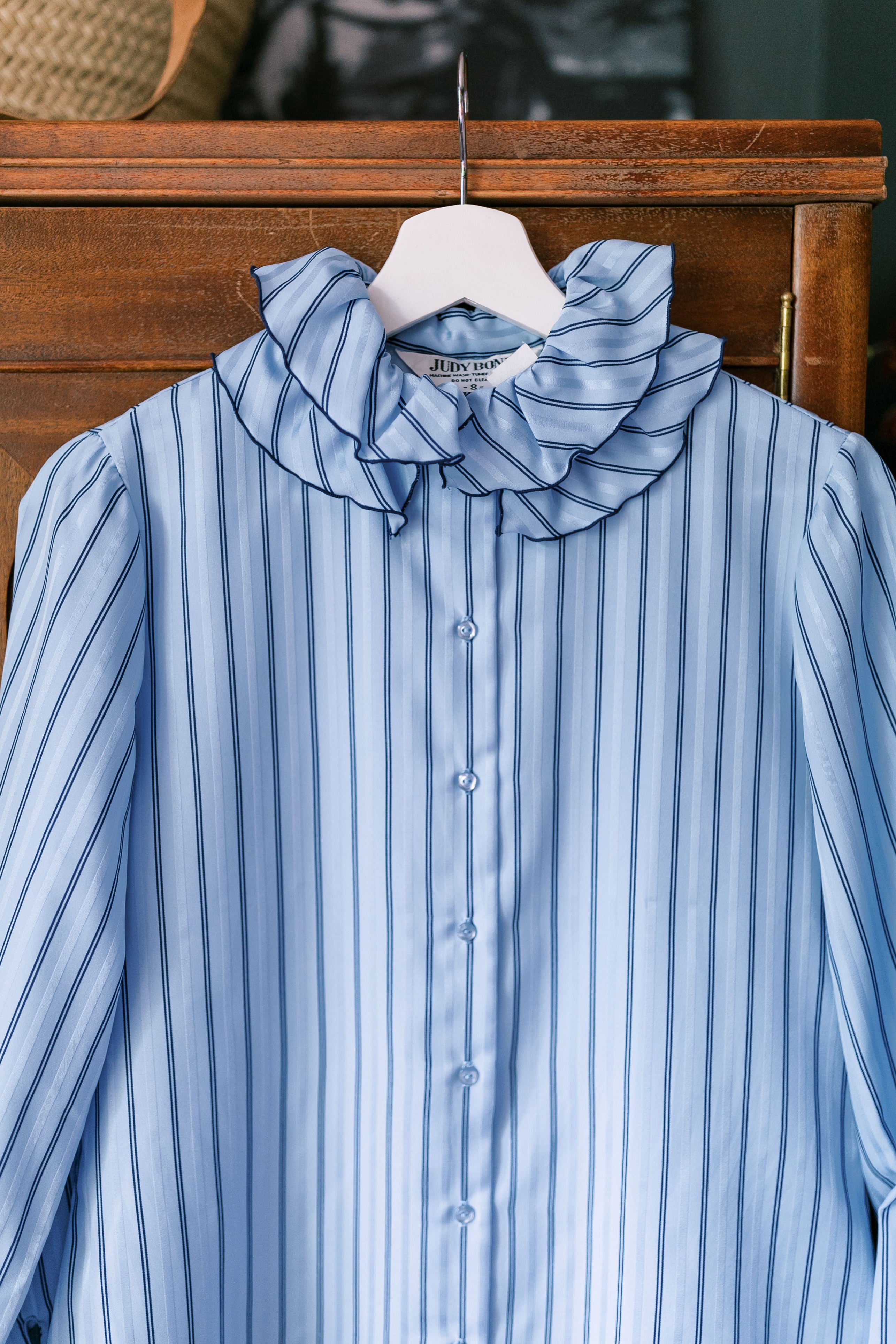 Vintage Blue Ruffled Collar Pinstripe Blouse