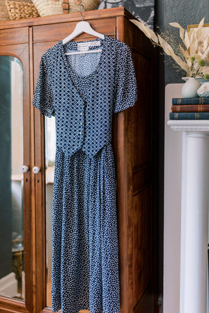 Vintage 100% Rayon Floral Vested Midi Dress