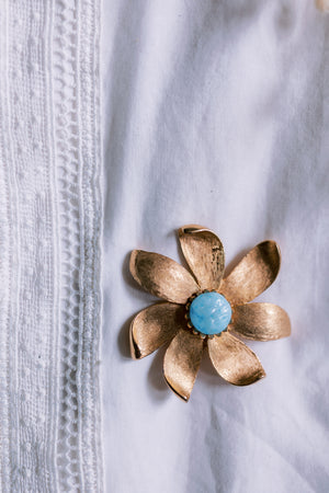 Vintage Large Turquoise and Gold Flower Pin