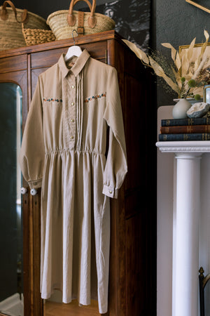 Vintage 80s A-Line Collared Khaki Midi Dress