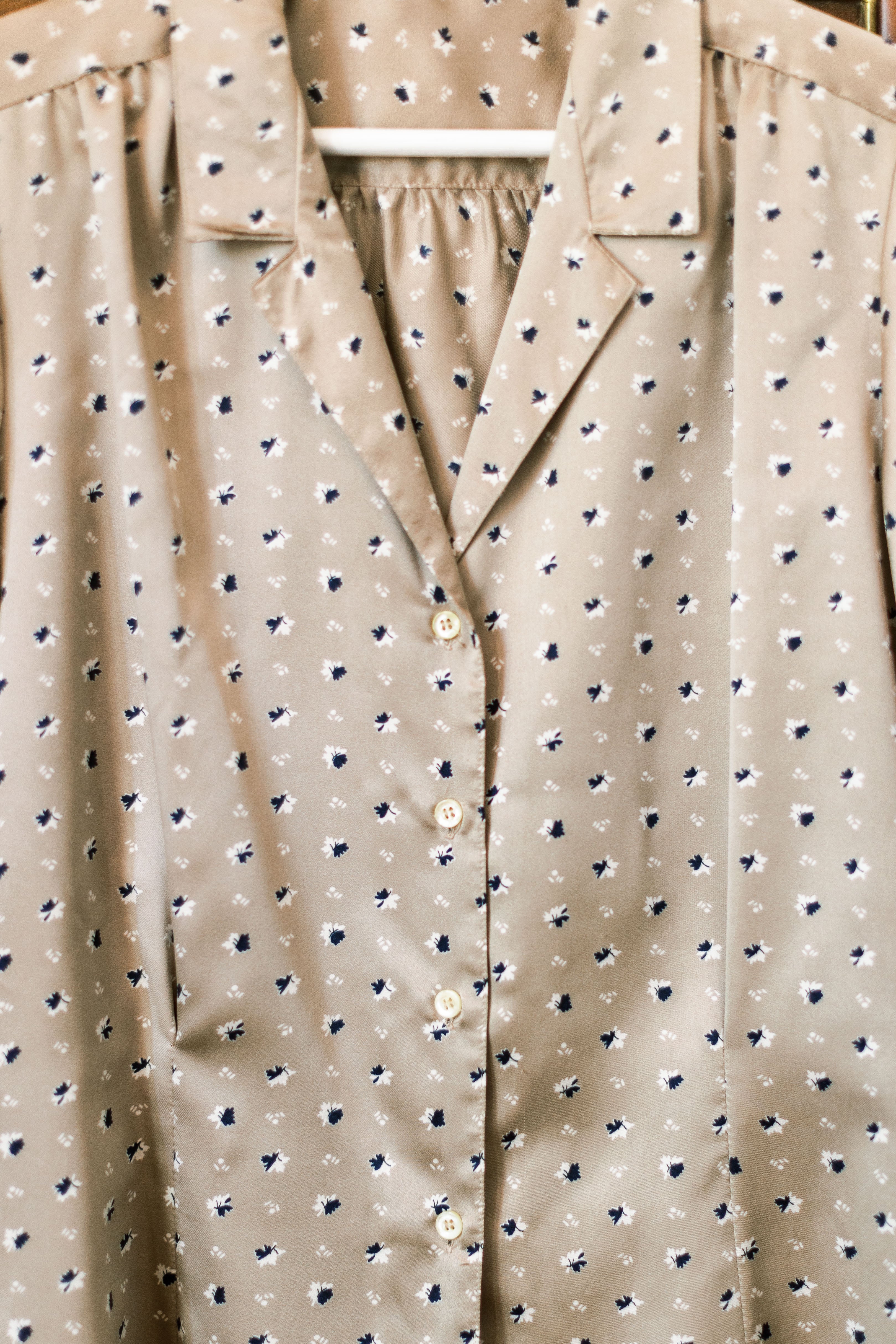Vintage Taupe/Navy Printed Button-Down Blouse