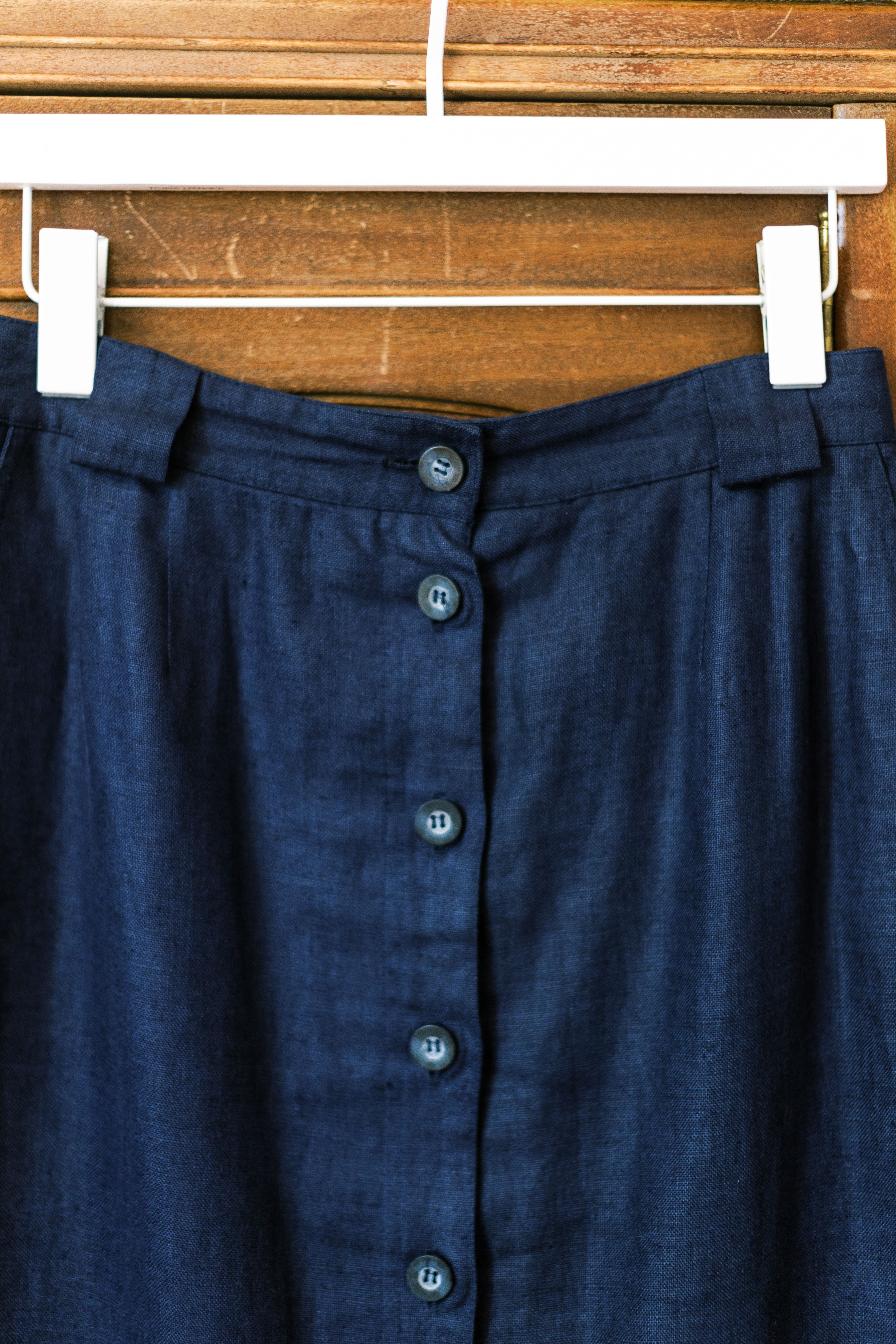 Vintage 100% Linen Navy Blue Midi Skirt