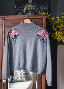 Gray Cropped Floral Sweater
