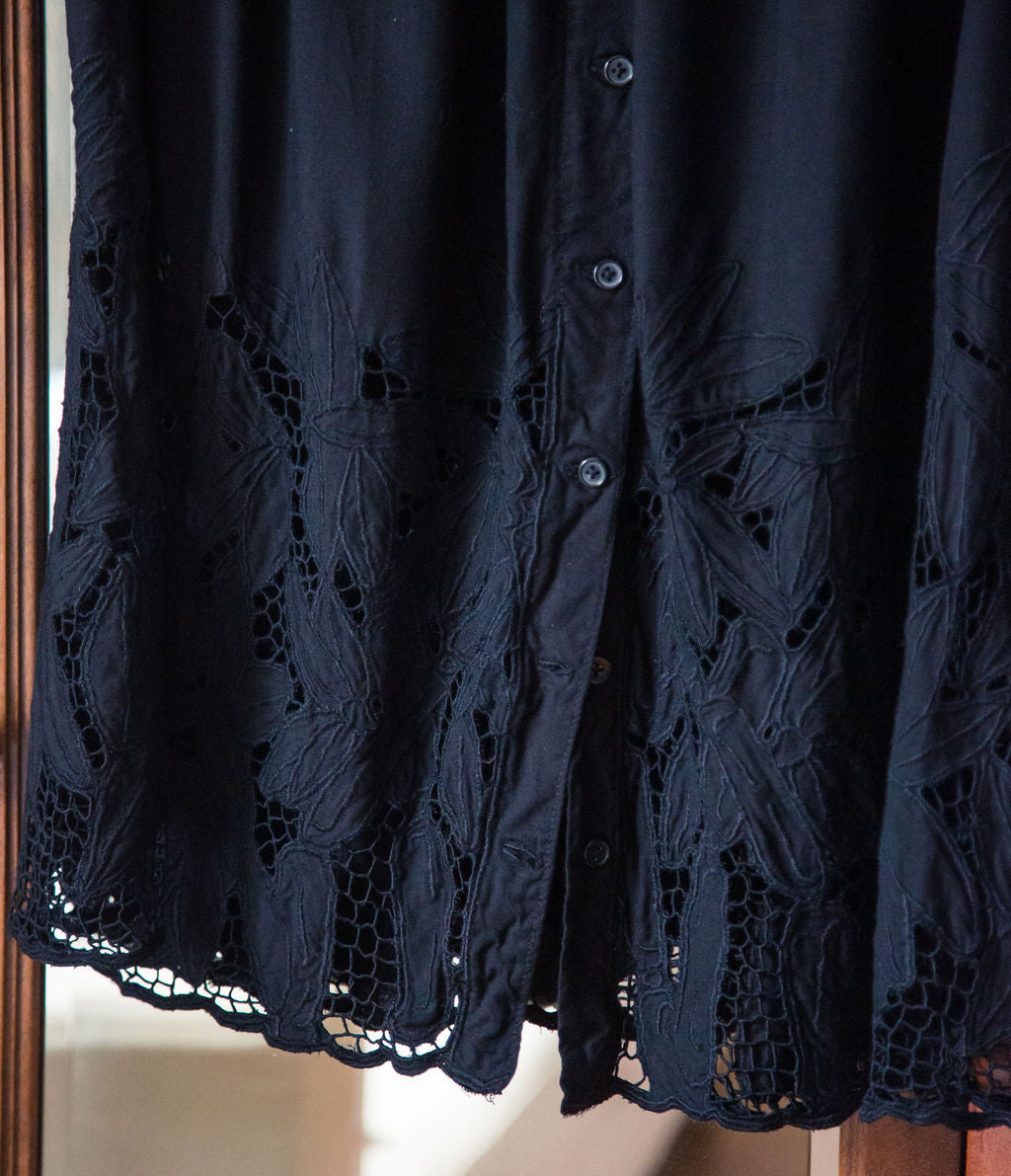Black Lace Button Front Midi Skirt