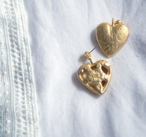 Vintage Brushed Gold Floral Heart Earrings