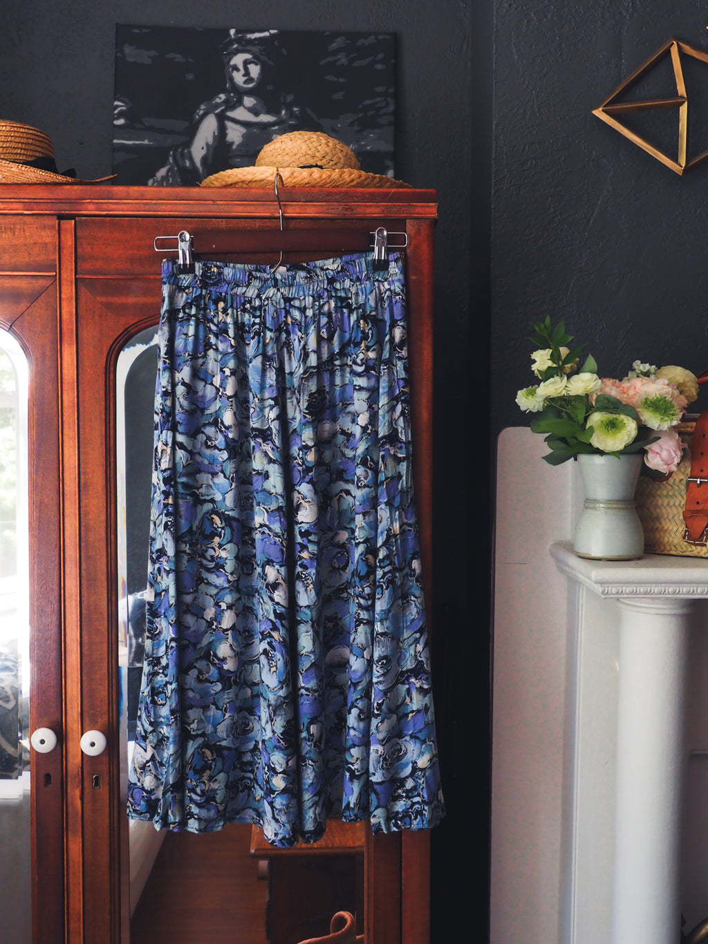 Vintage Blue Floral A-Line Midi Skirt