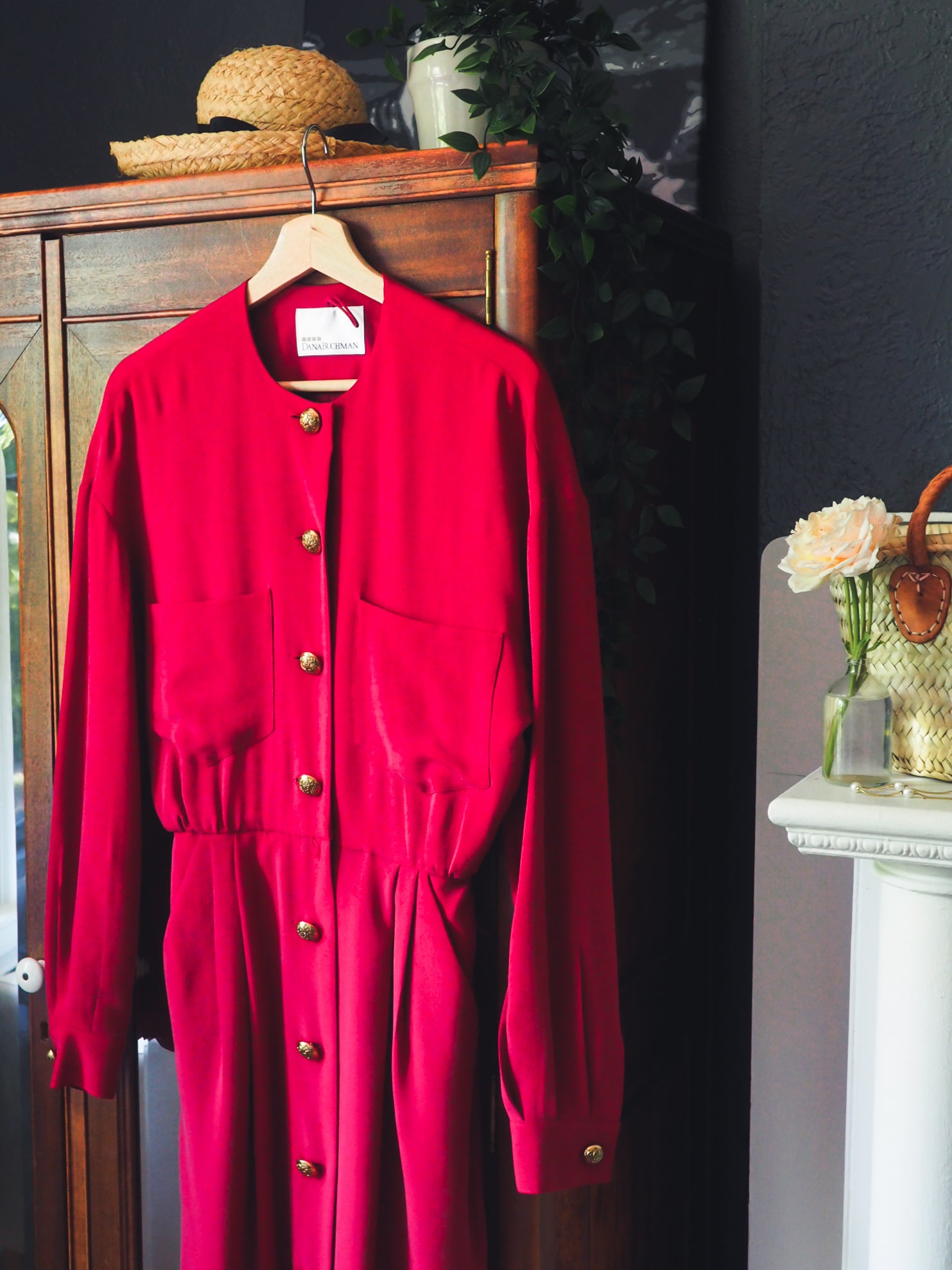 Vintage Red Silk Button Front Midi Dress