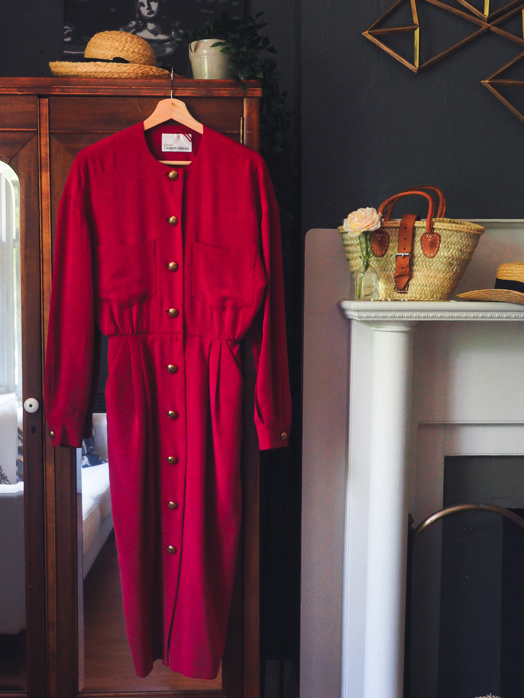 Vintage Red Silk Button Front Midi Dress