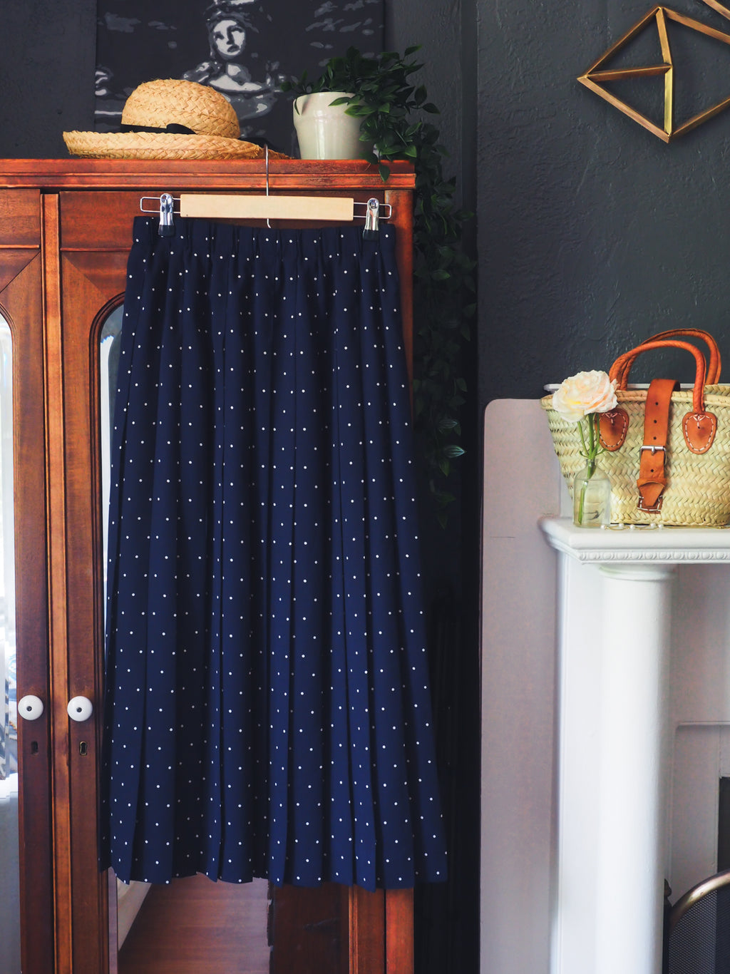 Vintage Navy Polka Dot Midi Skirt