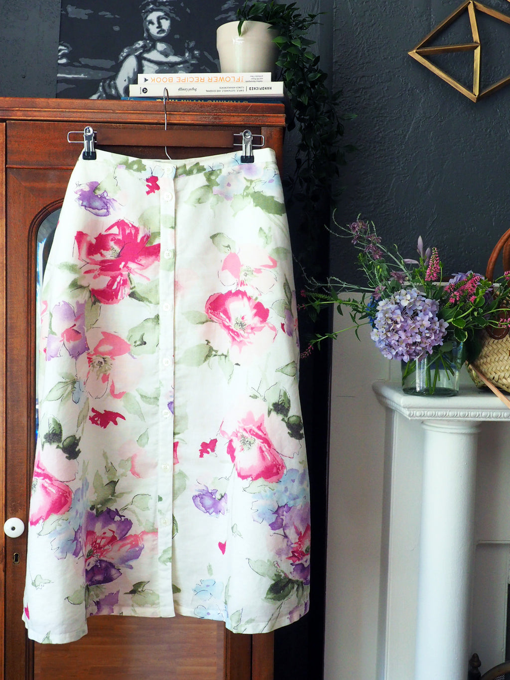 Linen Cotton A-line Water Color Floral Midi Skirt