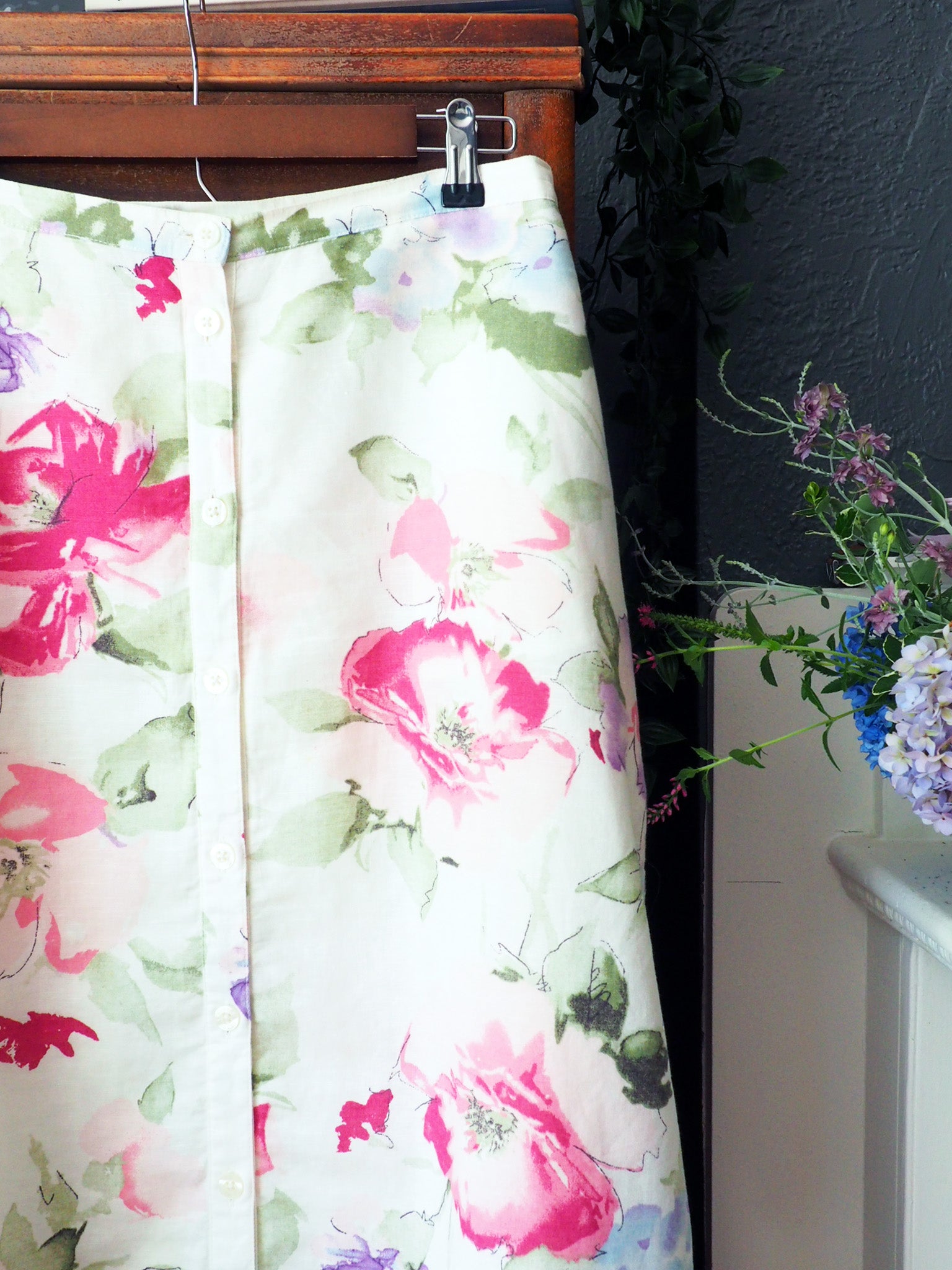 Linen Cotton A-line Water Color Floral Midi Skirt