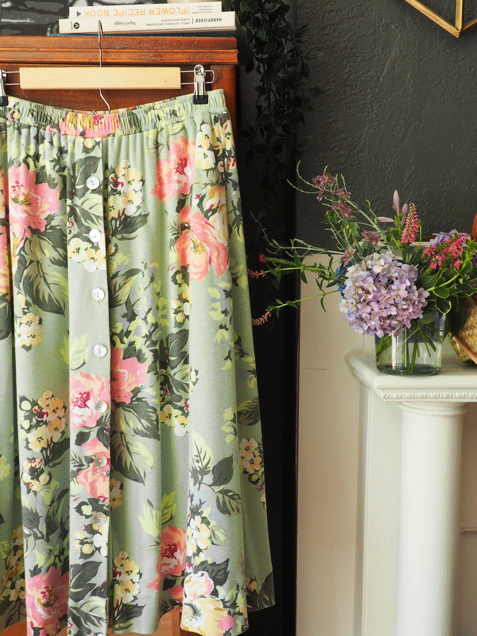 Vintage Cotton Green Floral Button-Front Skirt