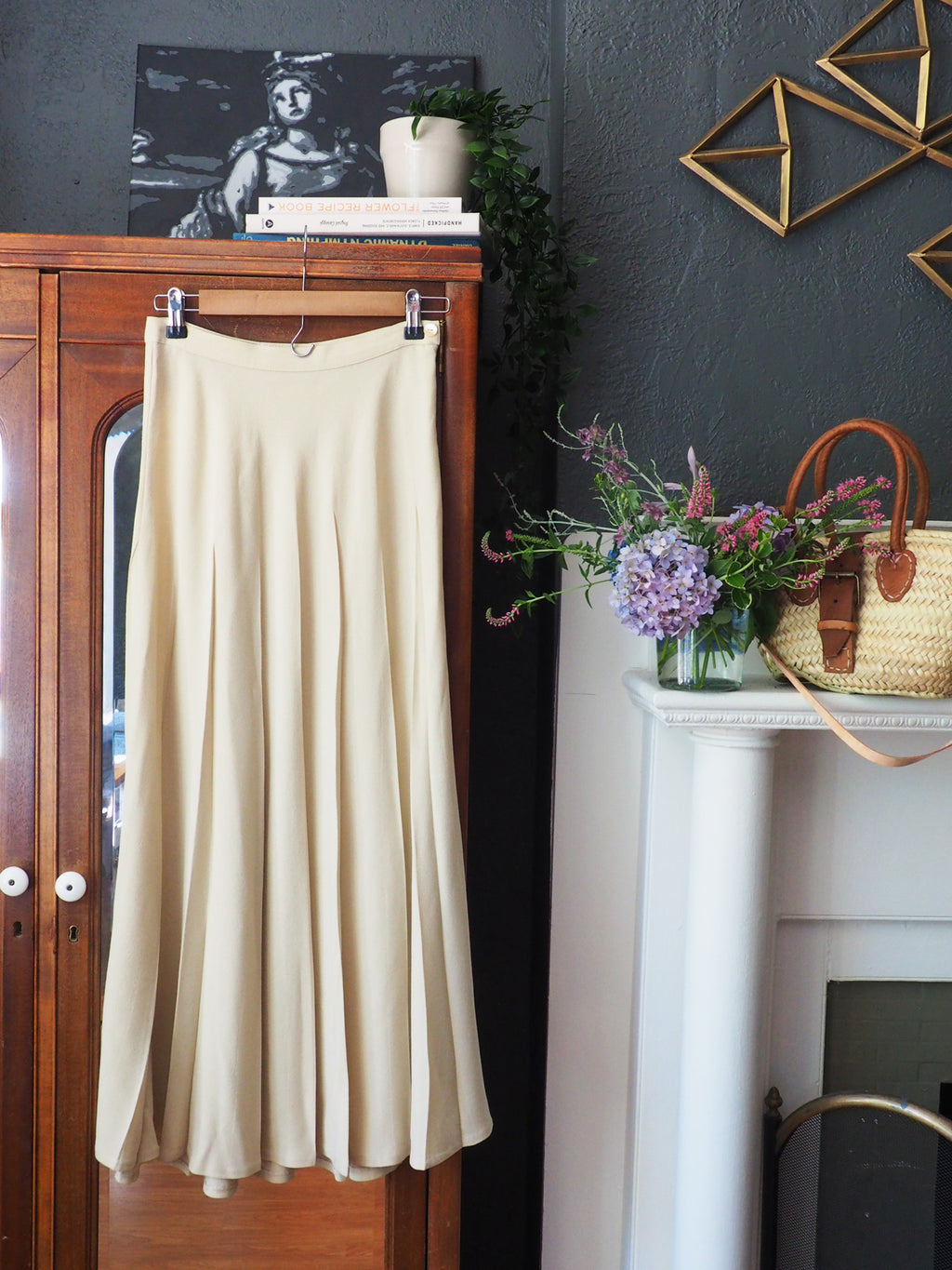 Vintage French Beige Pleated Midi Skirt