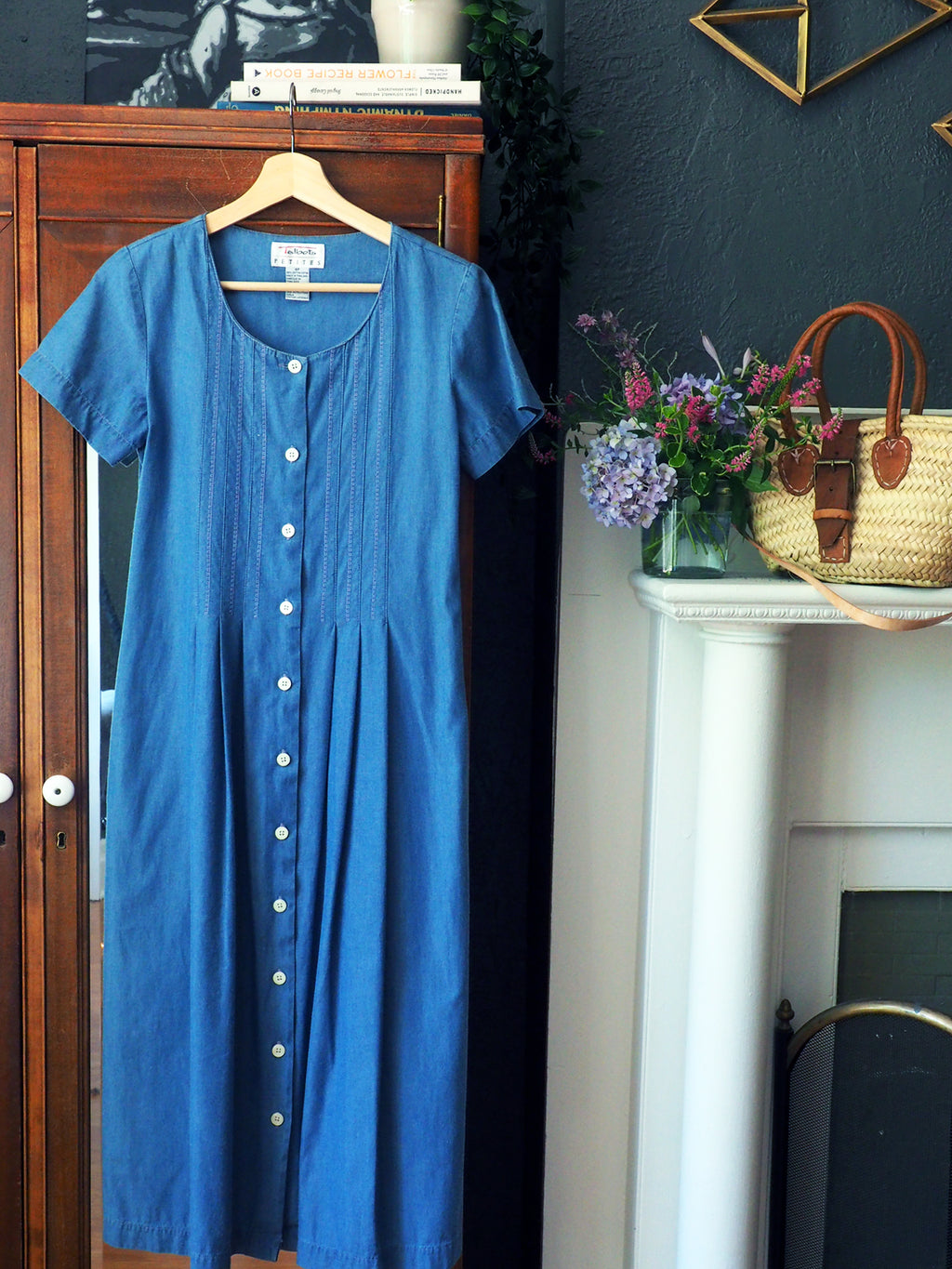 Vintage Denim Short Sleeve Button Front Midi Dress