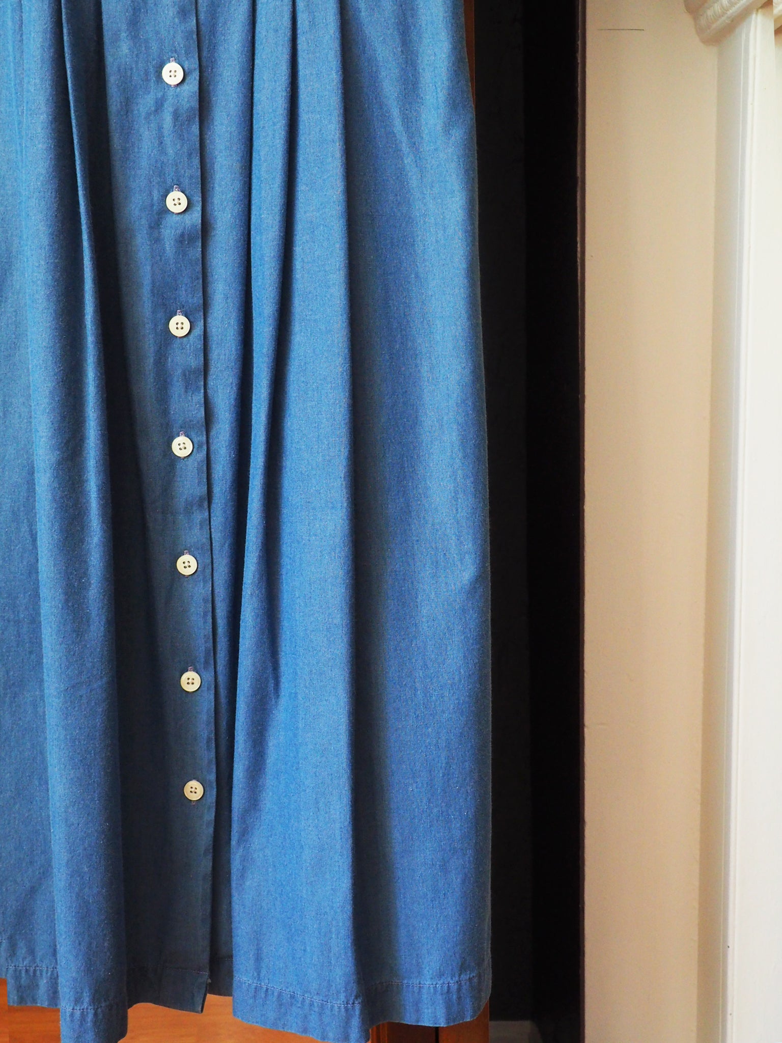 Vintage Denim Short Sleeve Button Front Midi Dress