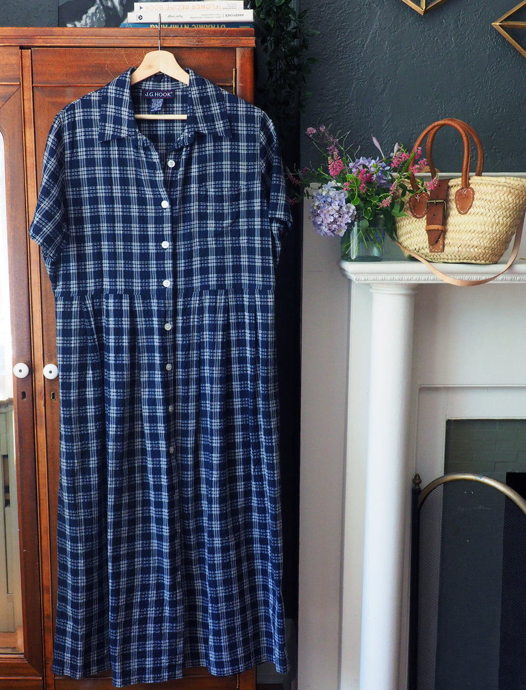 90s Navy Plaid Short-Sleeve Button-Front Dress