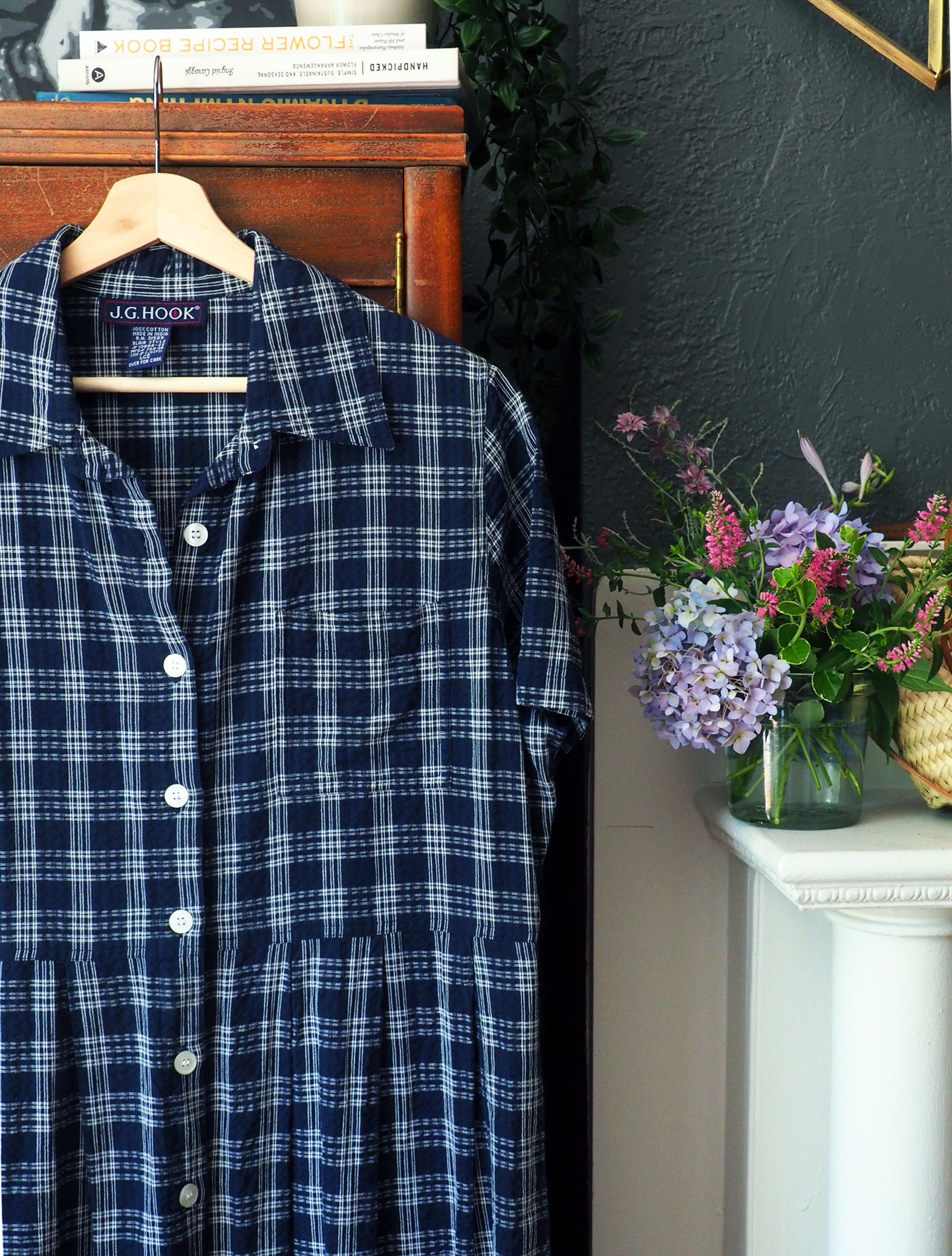 90s Navy Plaid Short-Sleeve Button-Front Dress