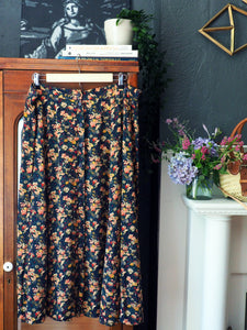 Vintage Dark Floral Button-Front Midi Skirt