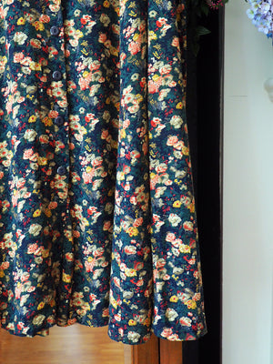 Vintage Dark Floral Button-Front Midi Skirt
