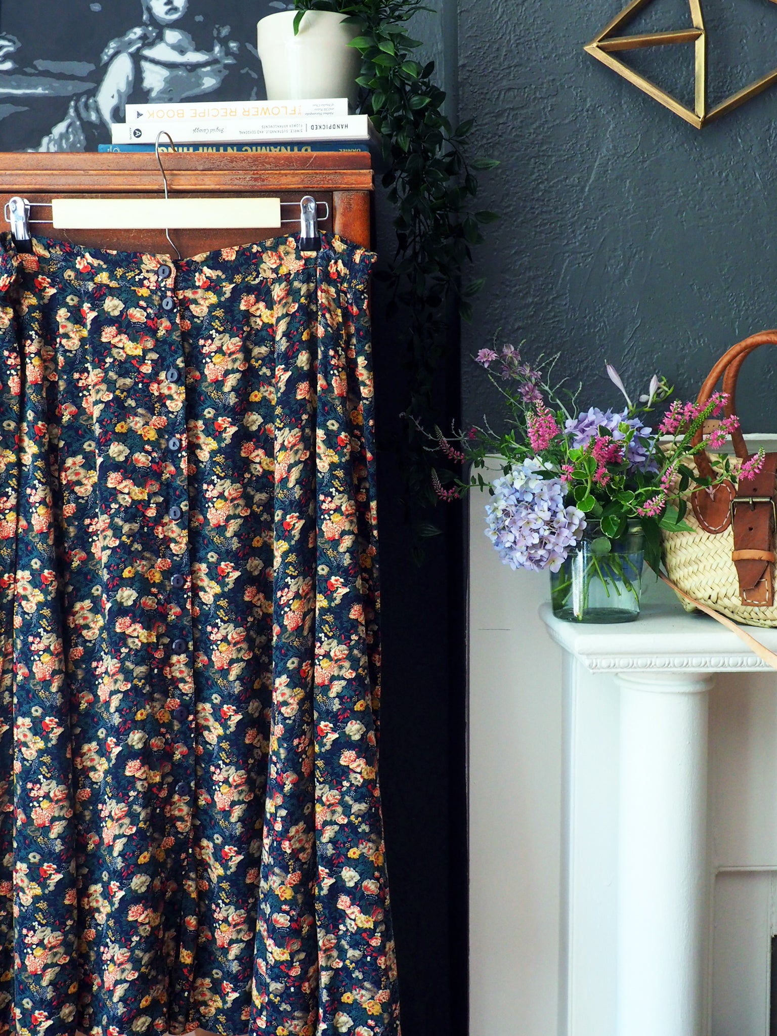 Vintage Dark Floral Button-Front Midi Skirt