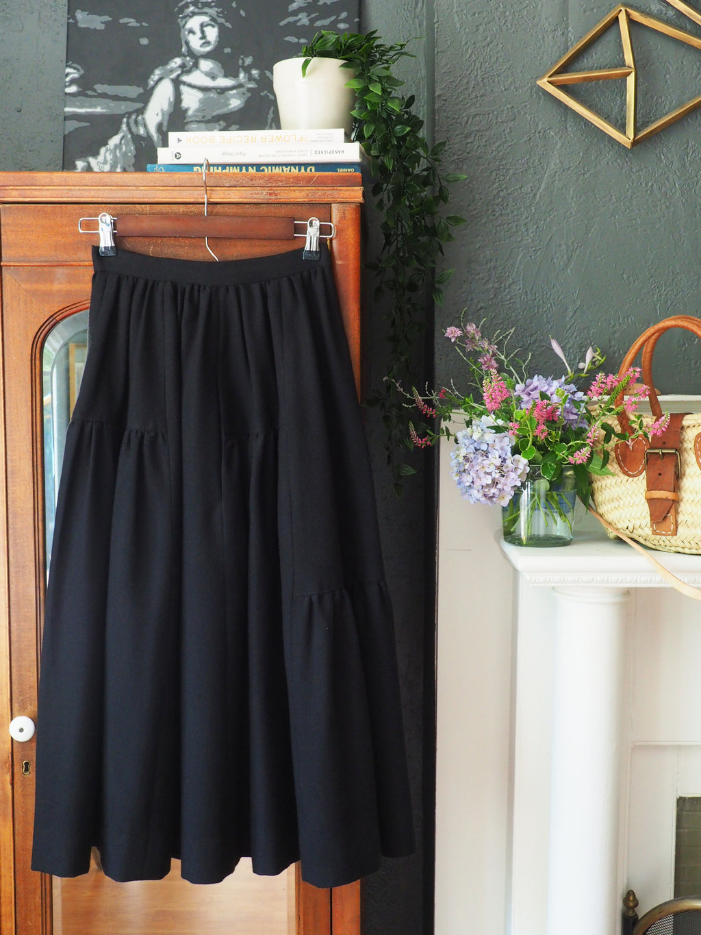 80s Black Bell Midi Skirt