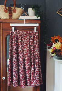 Vintage Burgundy Floral A-Line Skirt