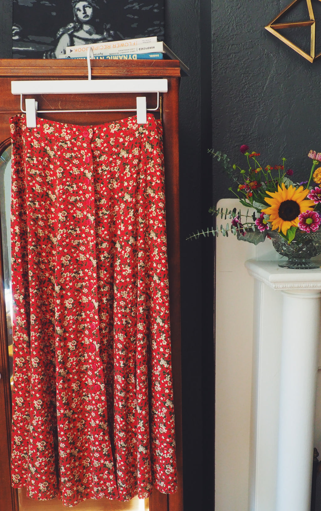 90s Floral Button Front Midi Skirt