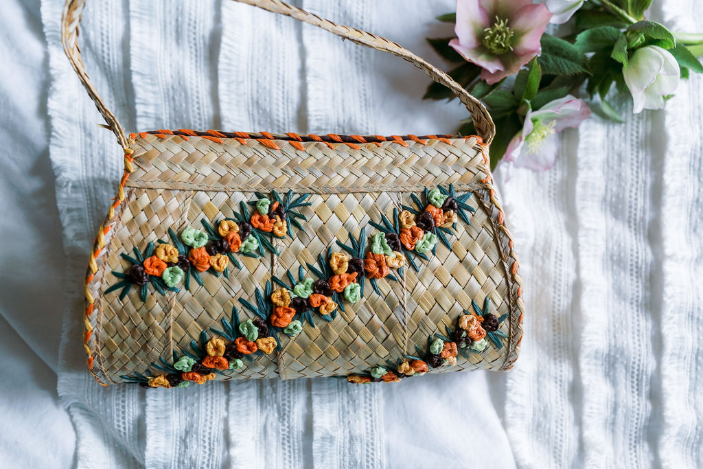 Vintage Floral Woven Basket Handbag