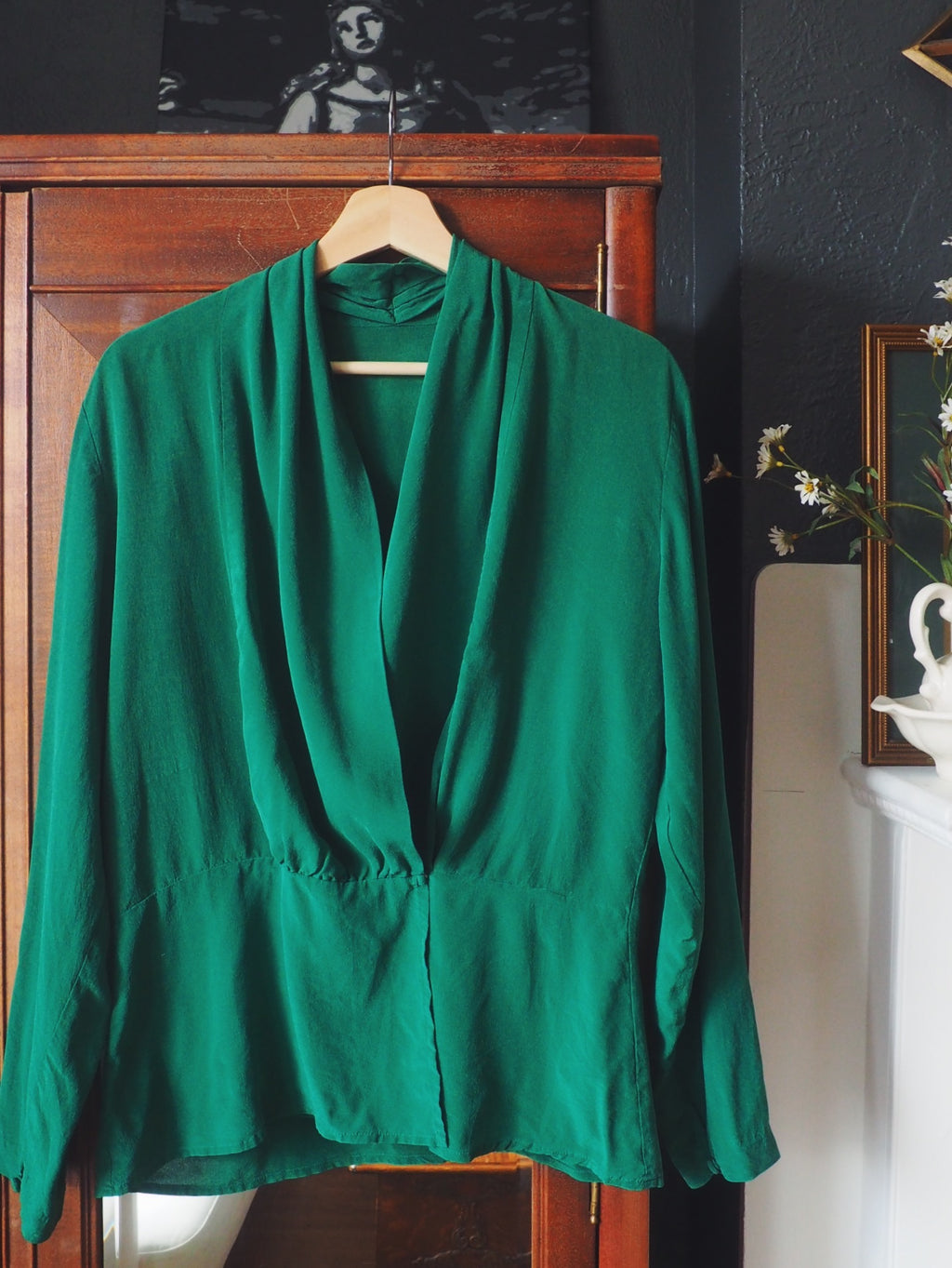 Vintage Silk Emerald Wrap Blouse