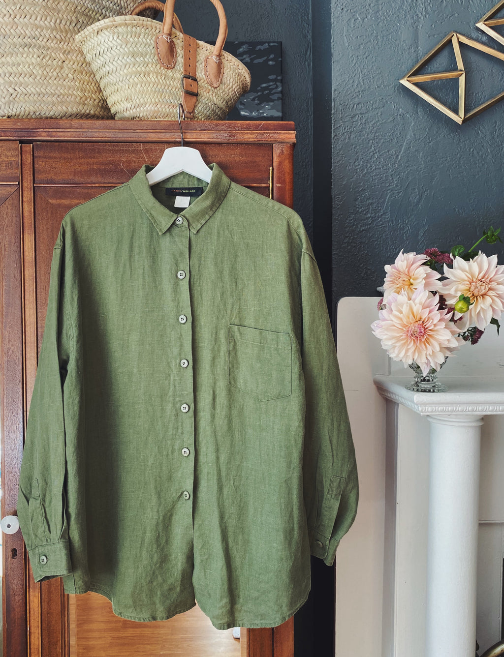 100% Linen Olive Green Button-Down Blouse