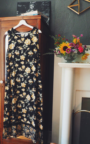 90s Black Floral Sleeveless Maxi Dress