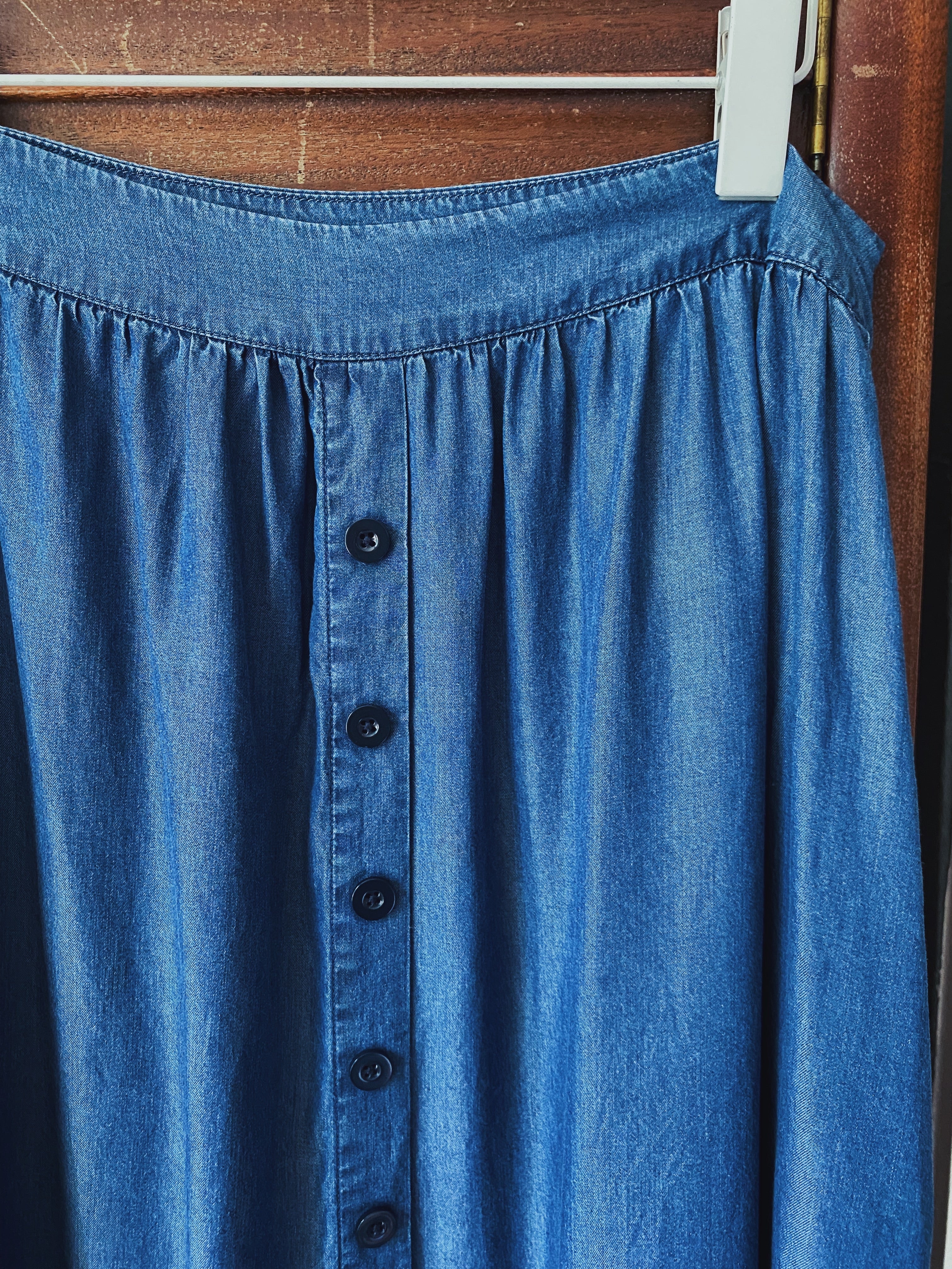 Chambray A-Line Button-Front Midi Skirt