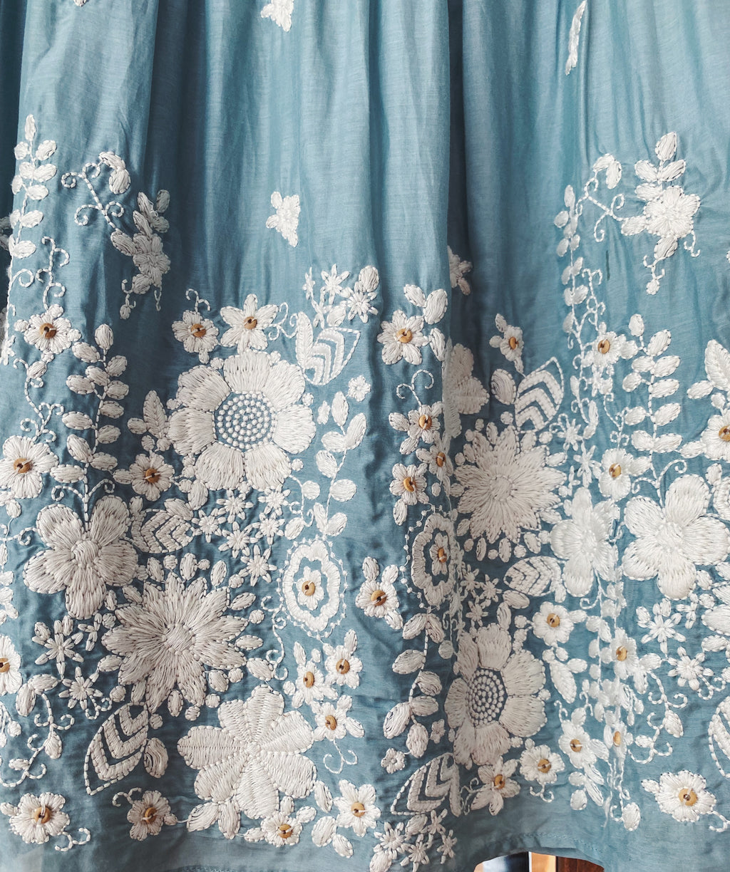 Sea Blue Silk Blend Embroidered A-line Skirt