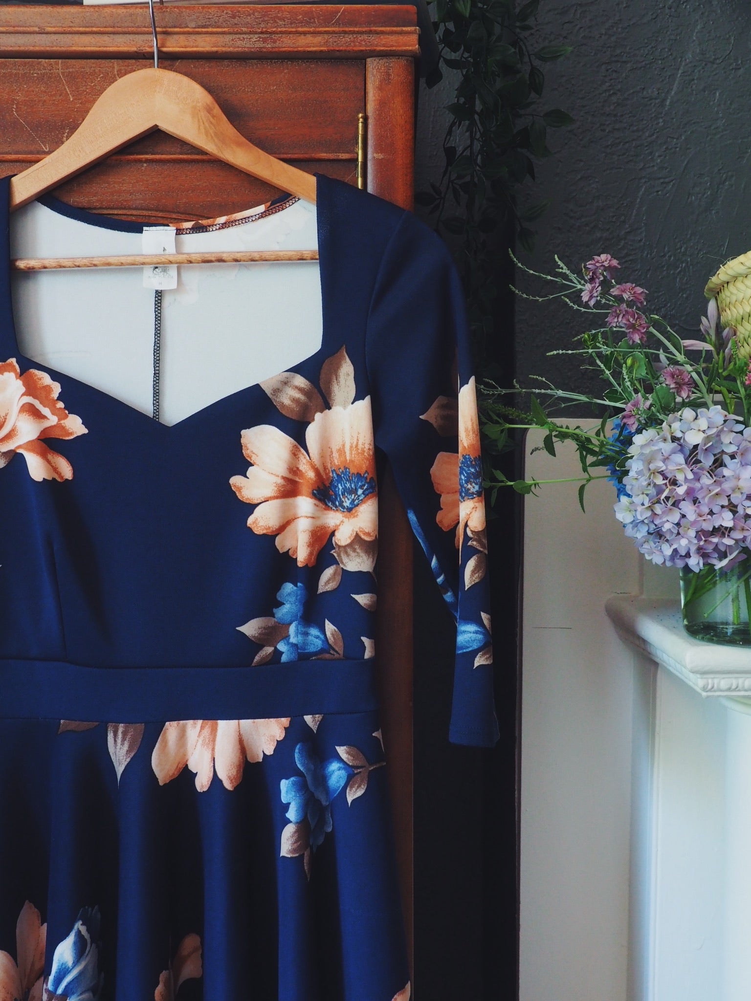 Navy Floral Sweetheart Neck A-line Dress