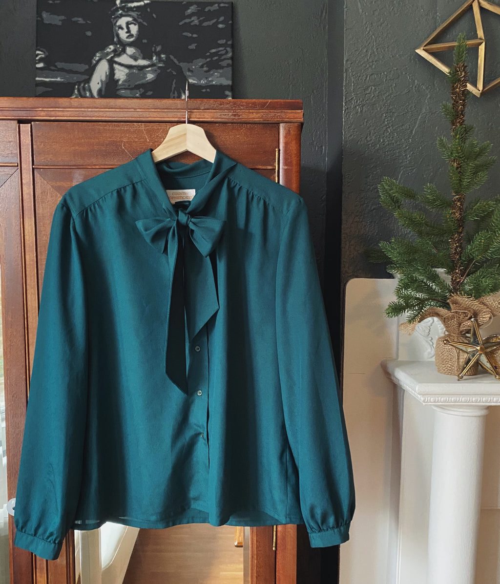 Vintage Pendleton Deep Green Secretary Bow Blouse