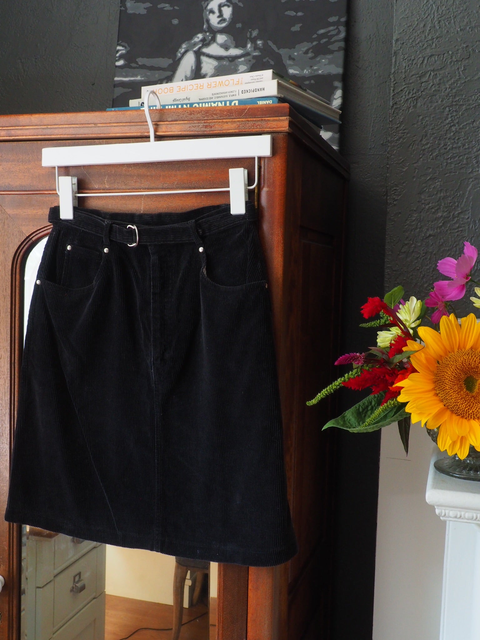 Vintage Black Corduroy Belted Skirt