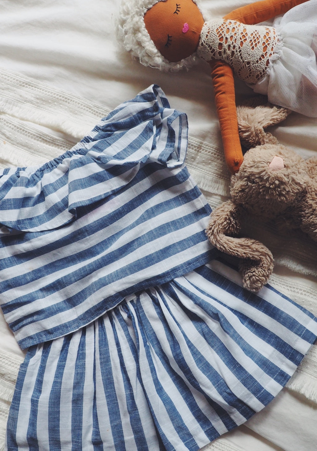 12M Baby Blue and White Striped Blouse and Skirt