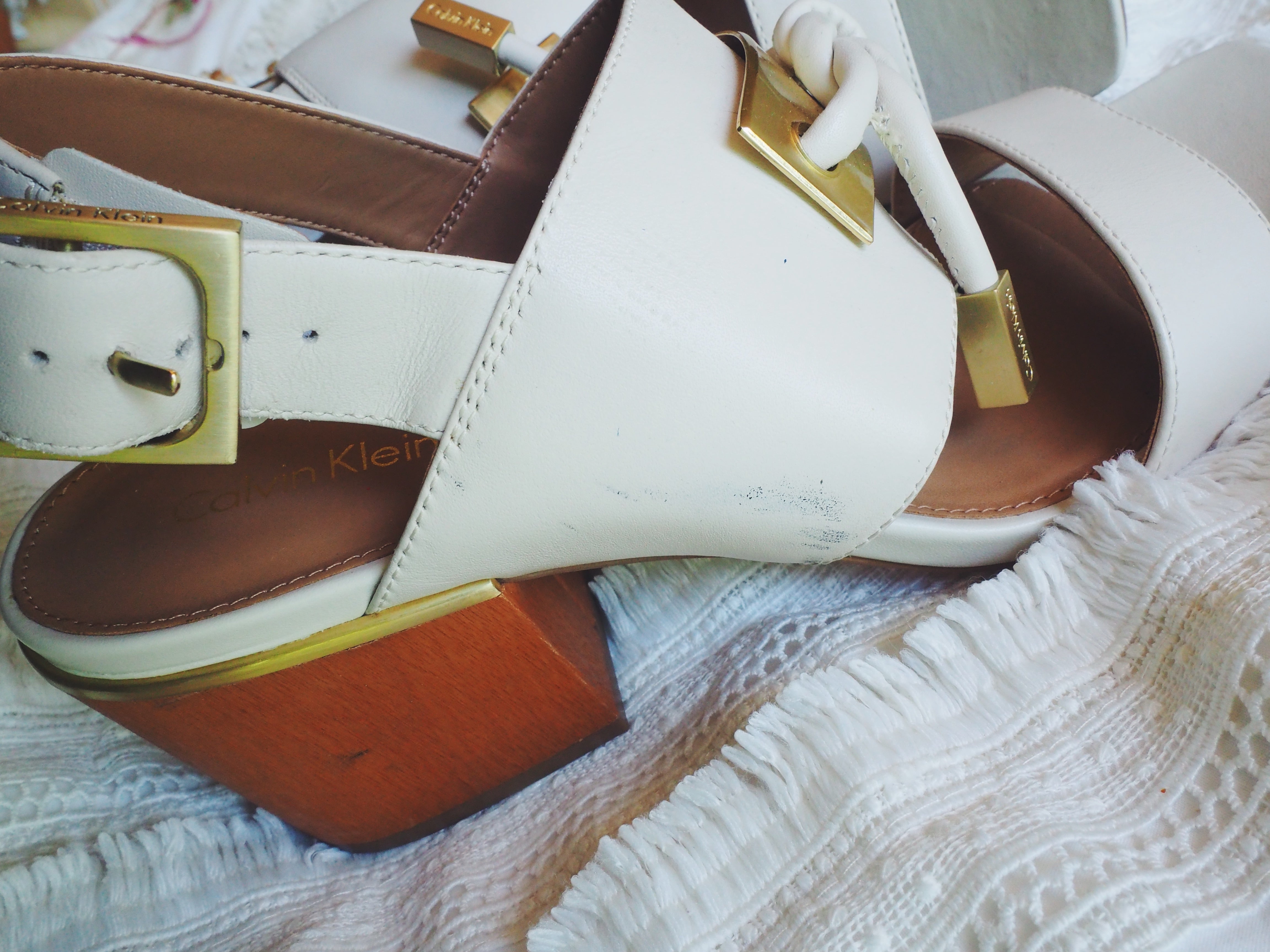 Calvin Klein White Leather Block Heel Sandal