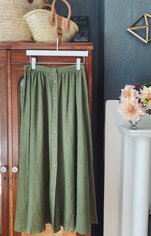 100% Linen 90s Green Button-Front A-line Midi Skirt