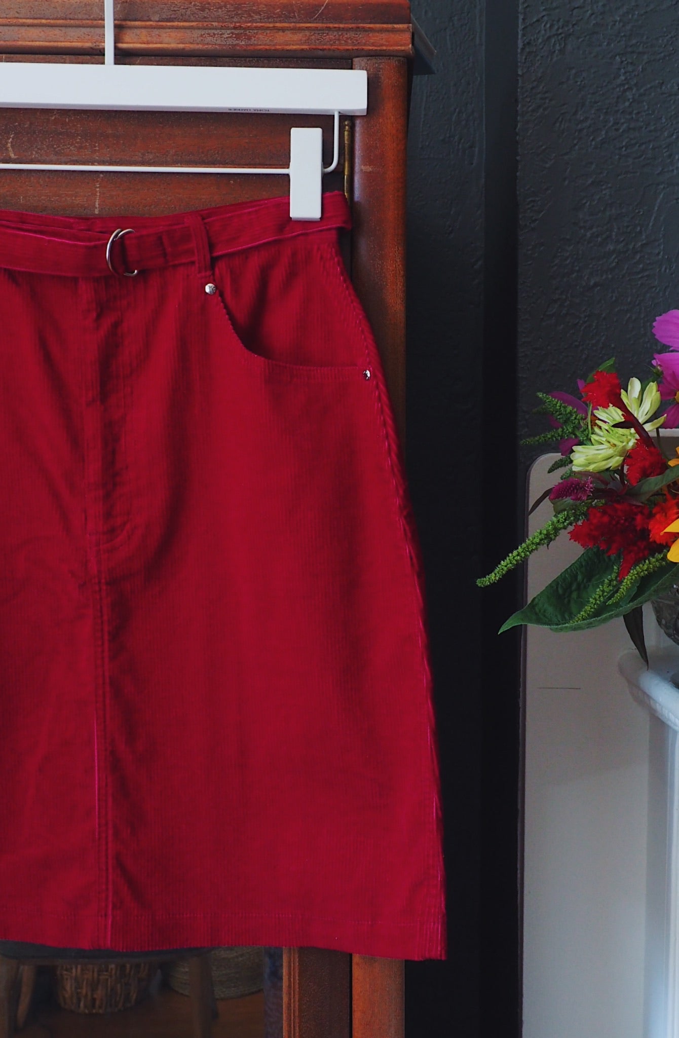 Vintage Berry Corduroy Belted Skirt
